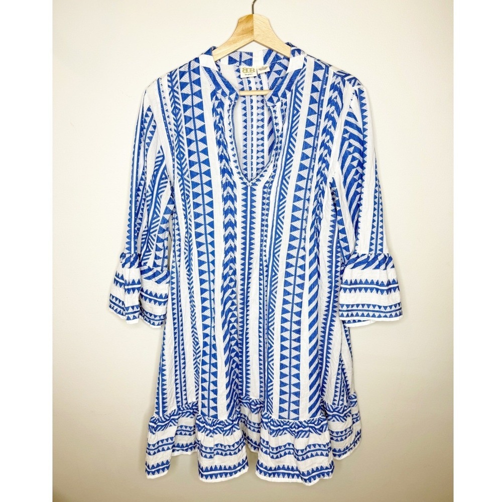 B B Boo Gemes flutter sleeve Tunic Dress Womens Med Blue White Geometric Cotton